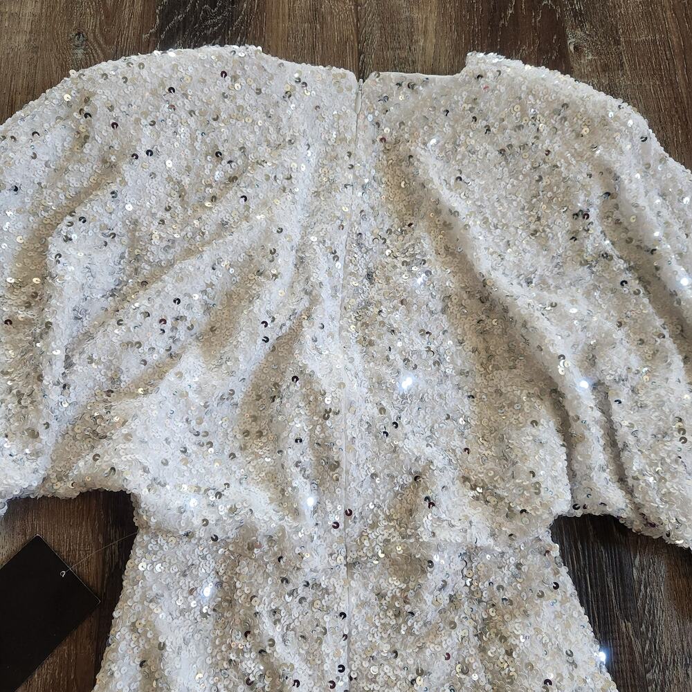 Retrofete Camille Sequin Chiffon Dress V Neck Long Sleeve Maxi White Size XS NWT - Picture 7 of 12